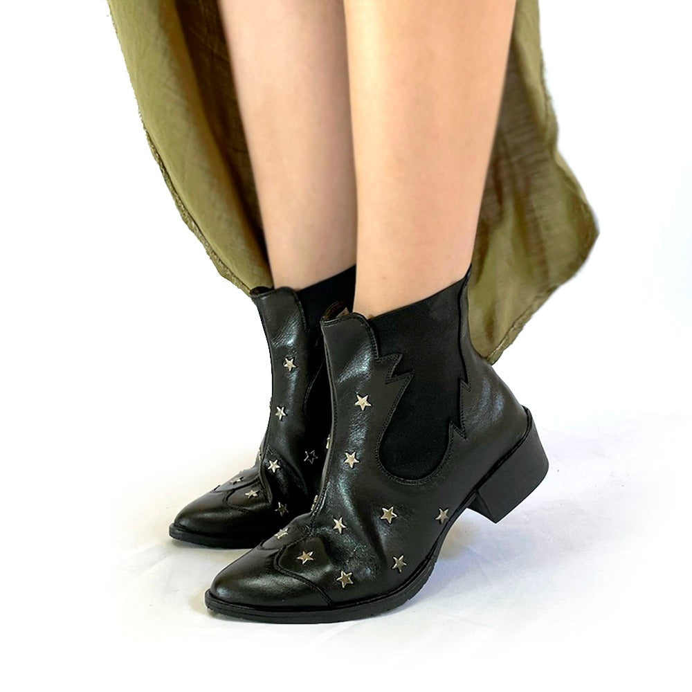 Black Star Studded Leather Western Boots