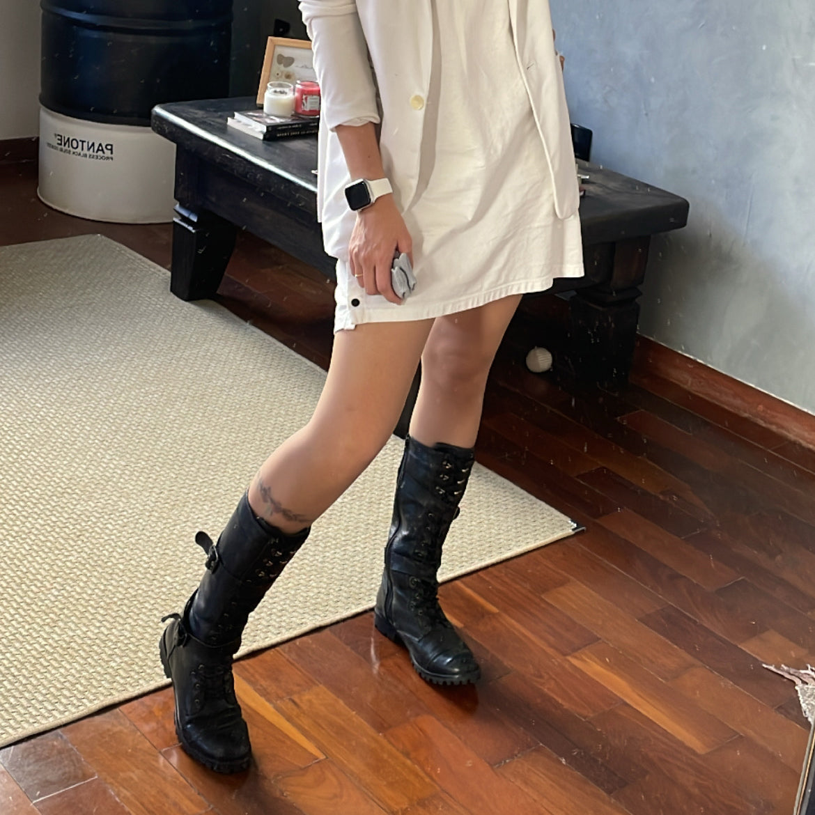 Black Megie Leather Lace-Up Knee High Boots