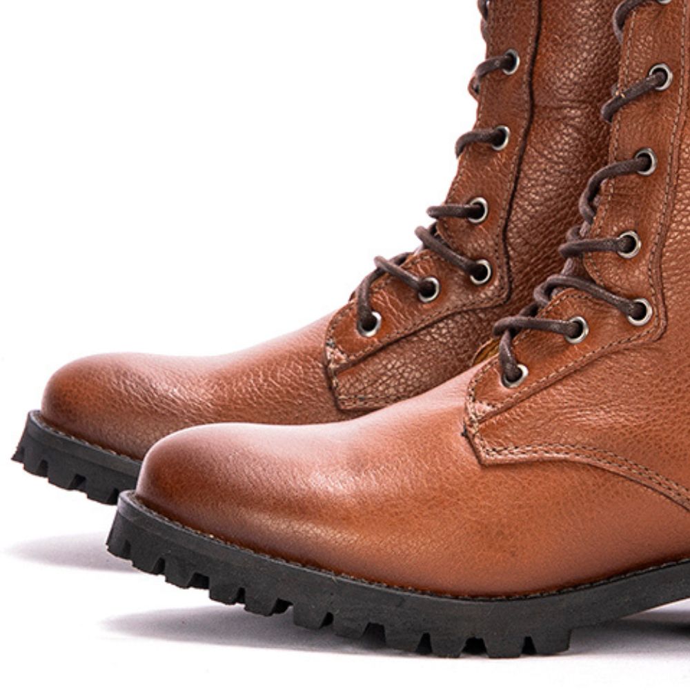 Cognac Khora Leather Lace-Up Knee High Boots