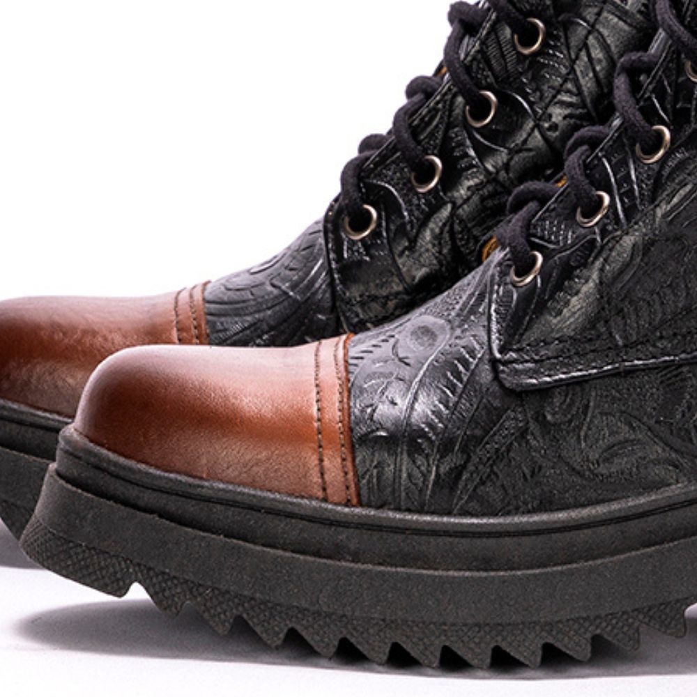 Black Teresa Embossed Leather Combat Boots
