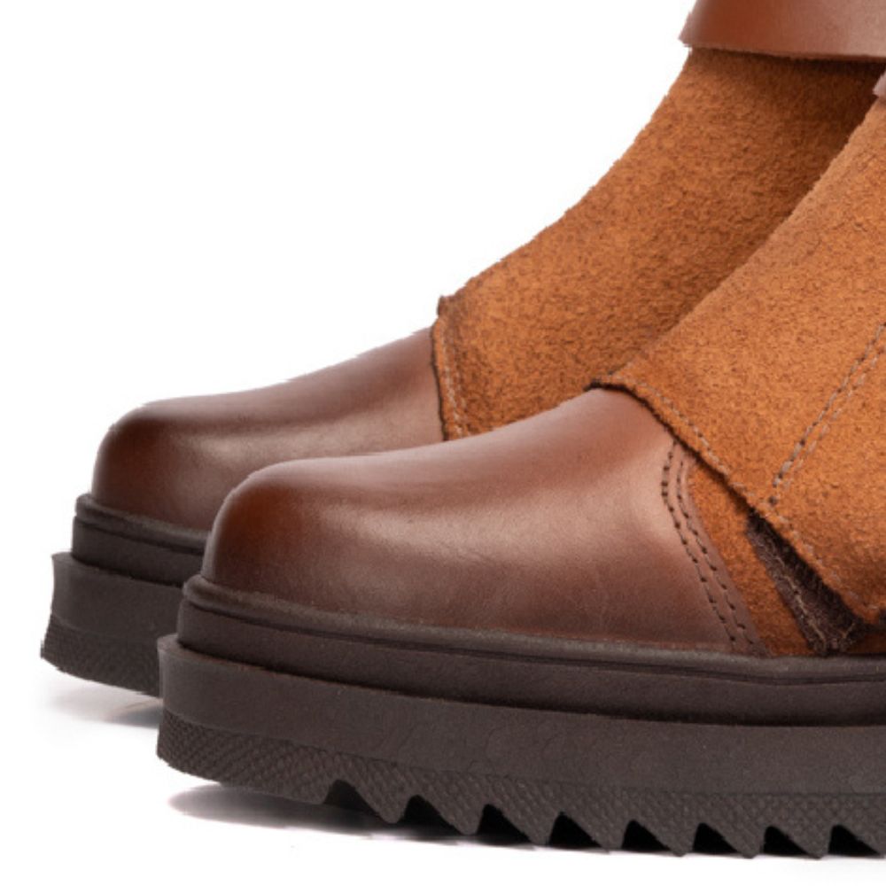 Cognac Ruby Leather and Suede Strap Boots