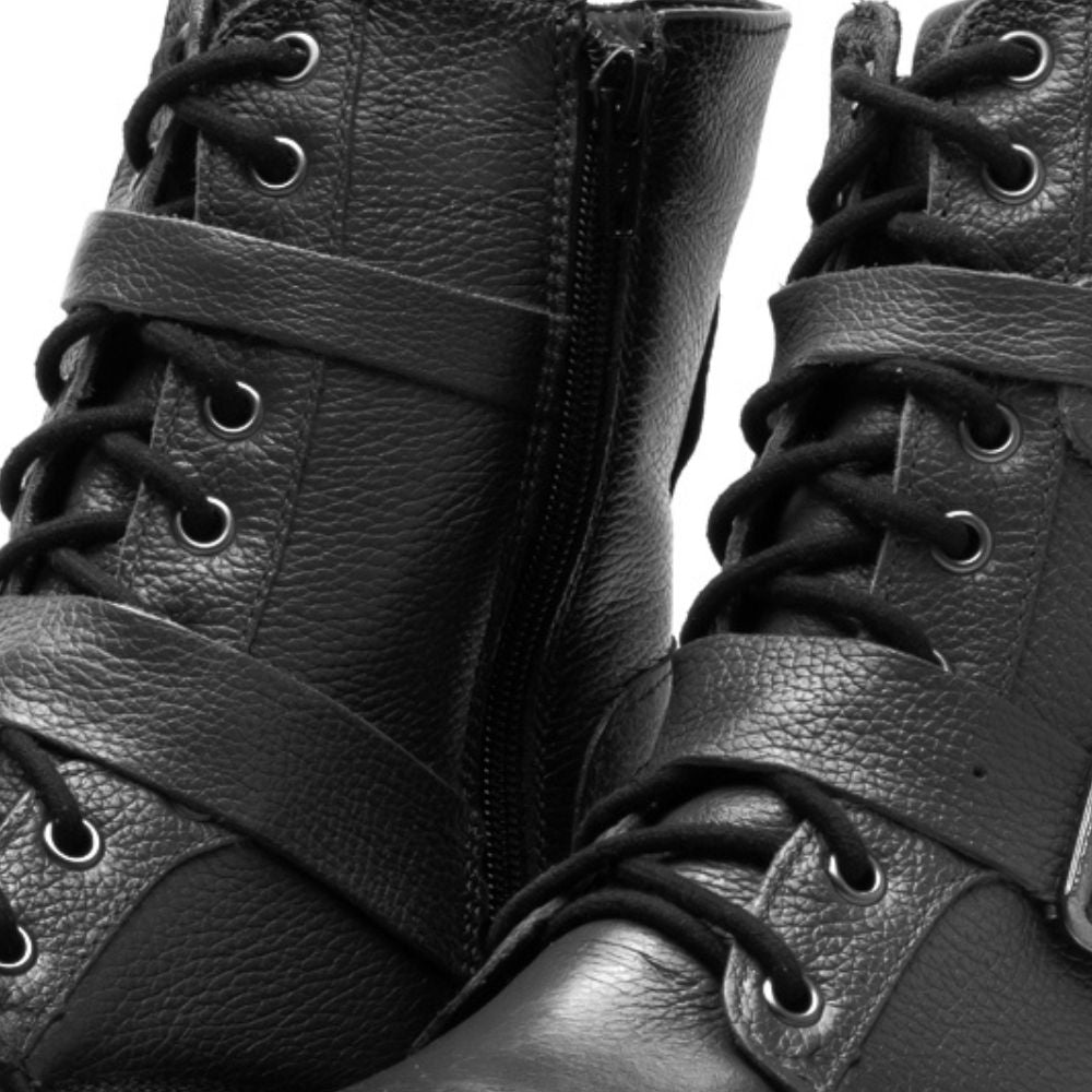 Black Iron Leather Buckle Combat Boots