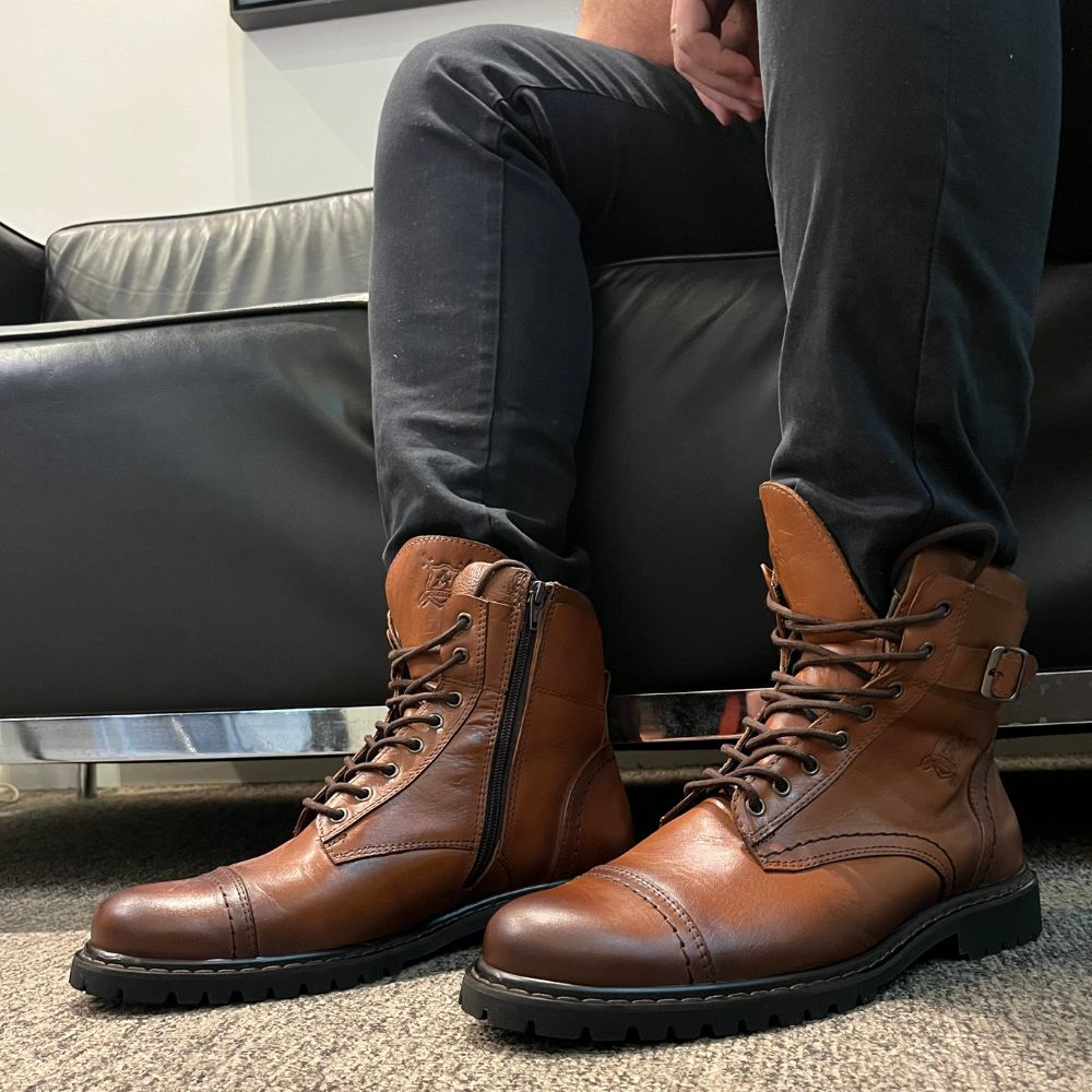 Cognac Barry Leather Combat Boots