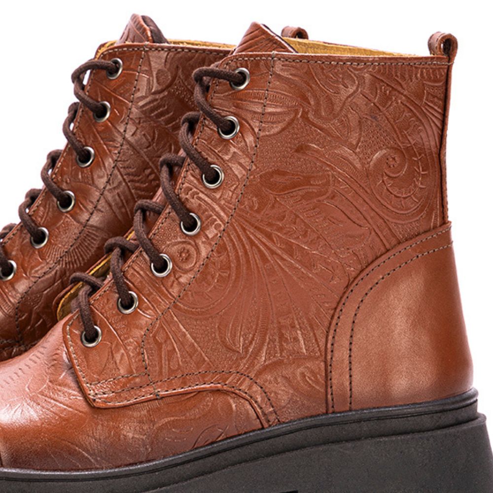 Cognac Teresa Embossed Leather Combat Boots