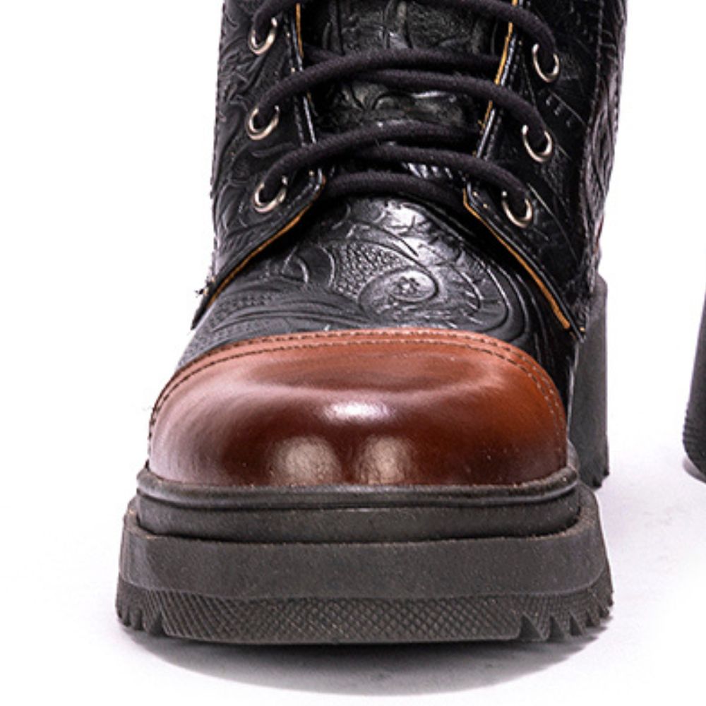Black Teresa Embossed Leather Combat Boots
