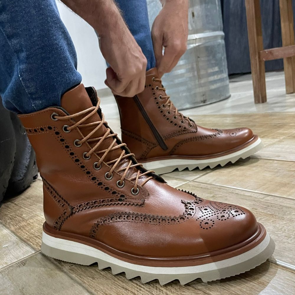 Cognac Donatello Leather Wingtip Boots