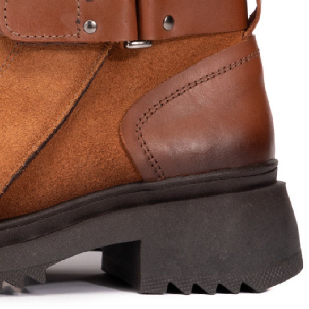 Cognac Ruby Leather and Suede Strap Boots