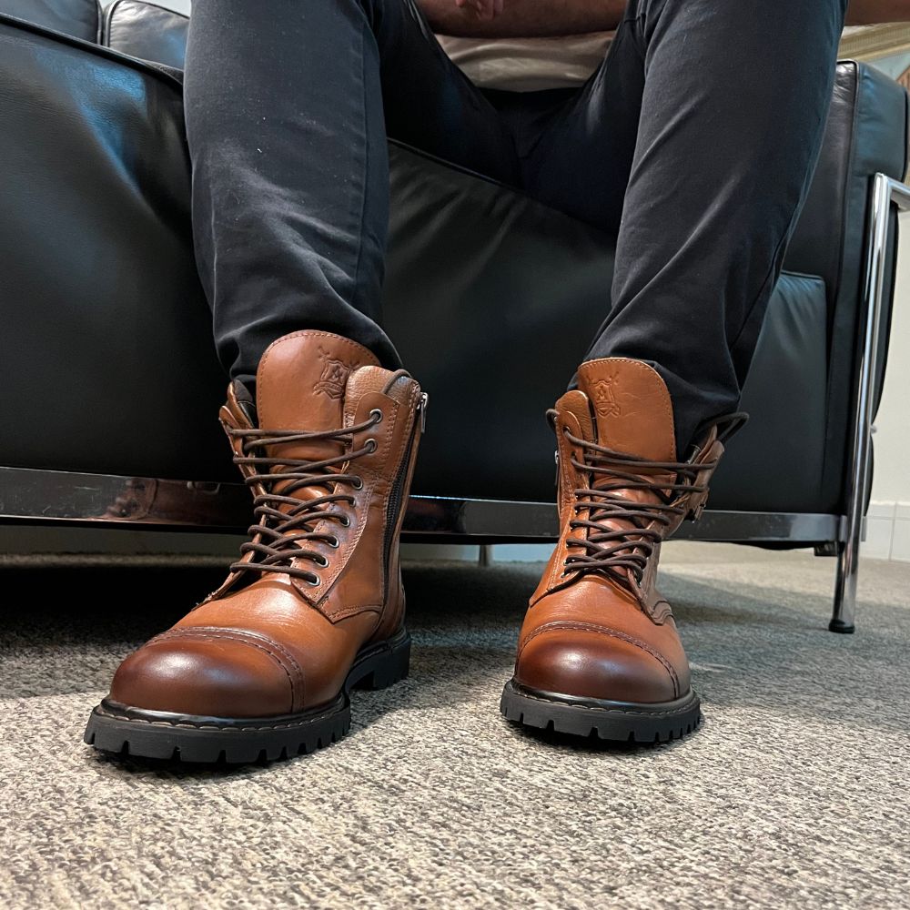 Cognac Barry Leather Combat Boots
