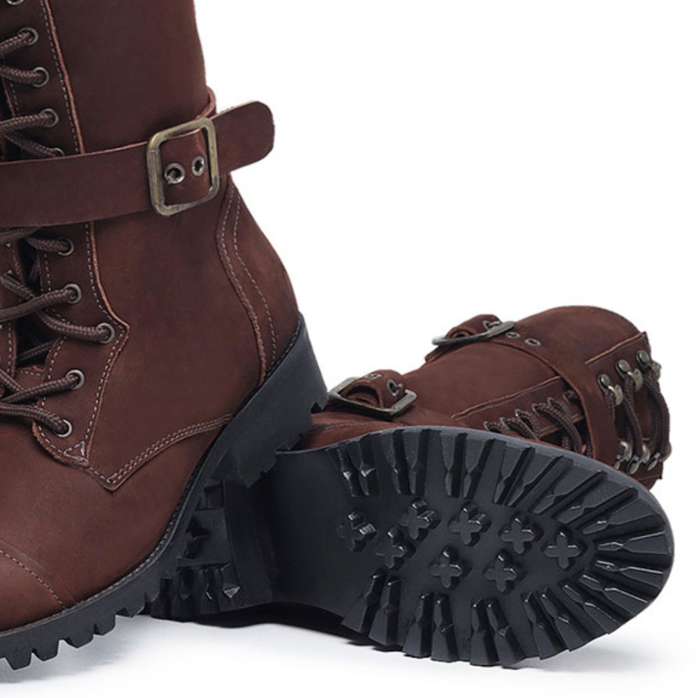 Chestnut Megie Leather Lace-Up Knee High Boots
