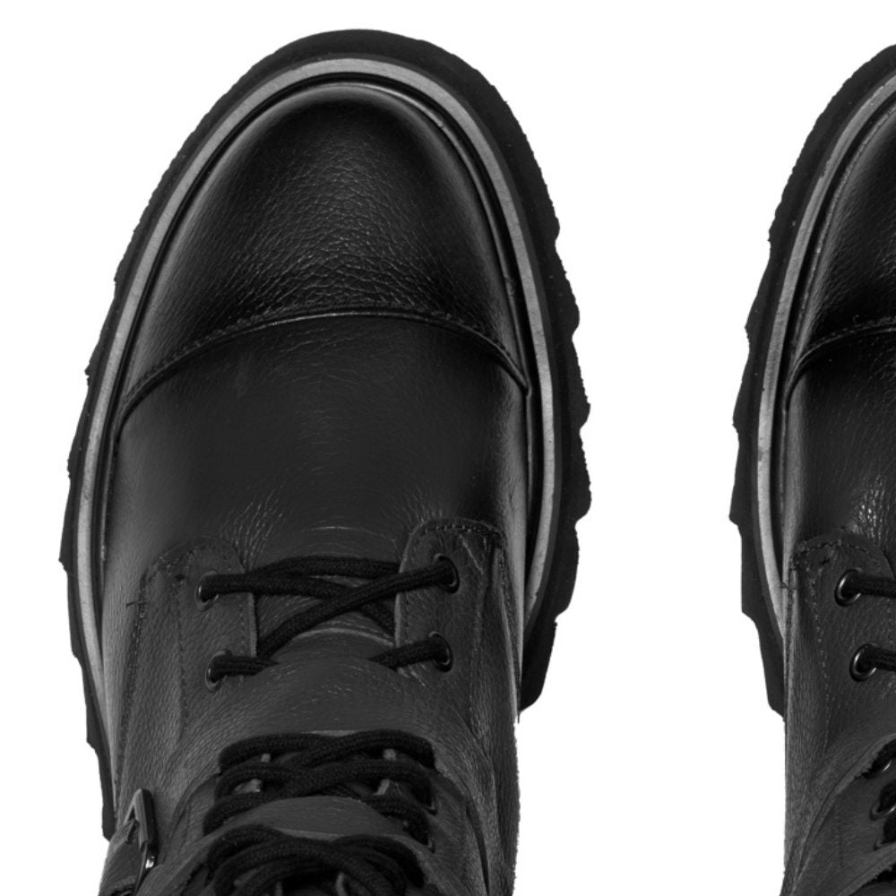 Black Iron Leather Buckle Combat Boots
