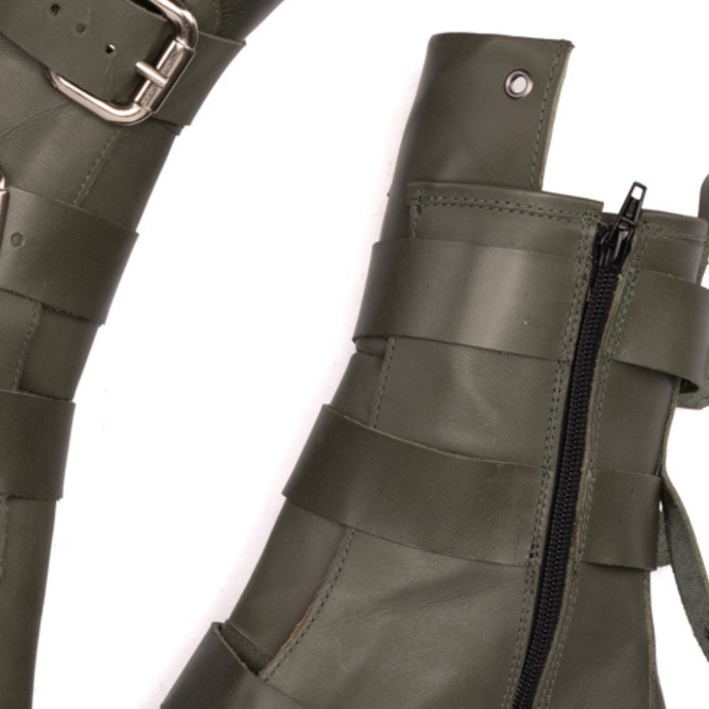 Olive Lauren Buckle Leather Combat Boots