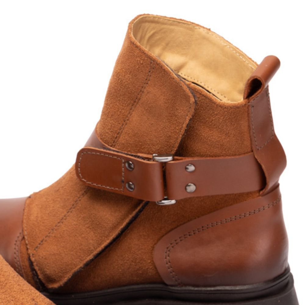 Cognac Ruby Leather and Suede Strap Boots