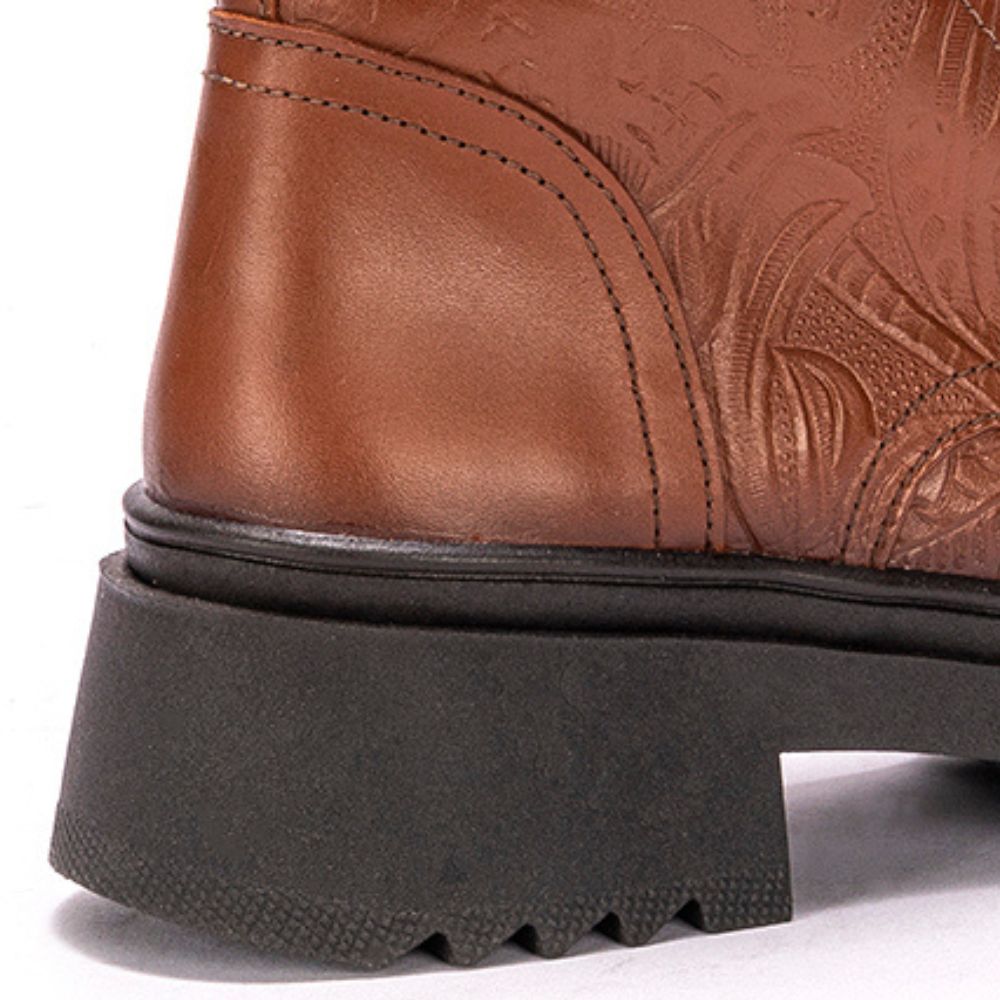 Cognac Teresa Embossed Leather Combat Boots