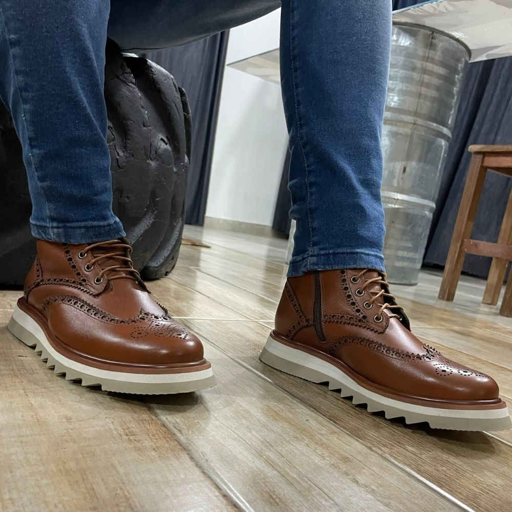 Cognac Donatello Leather Wingtip Boots