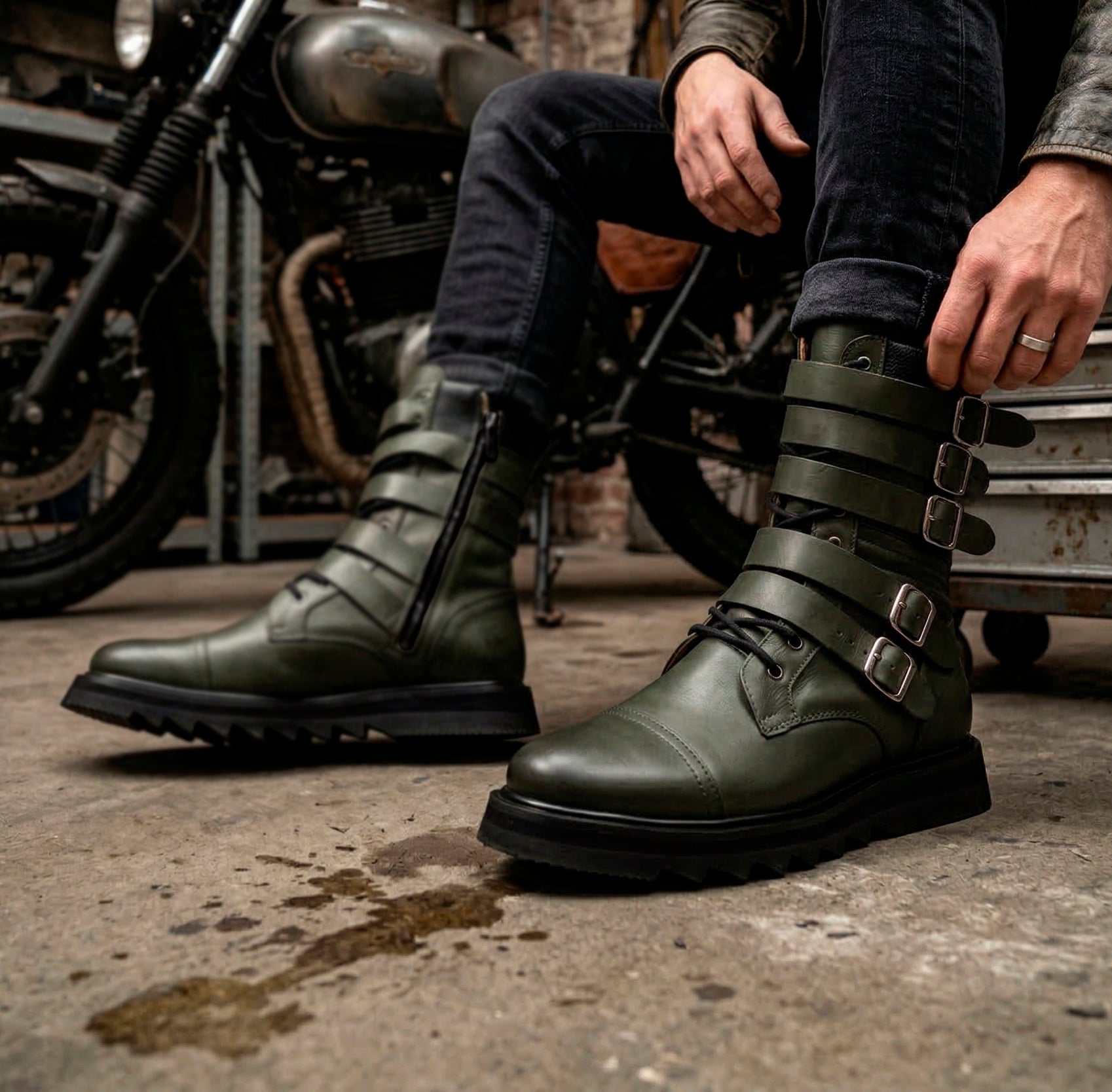 Olive Benny Leather Buckle Boots