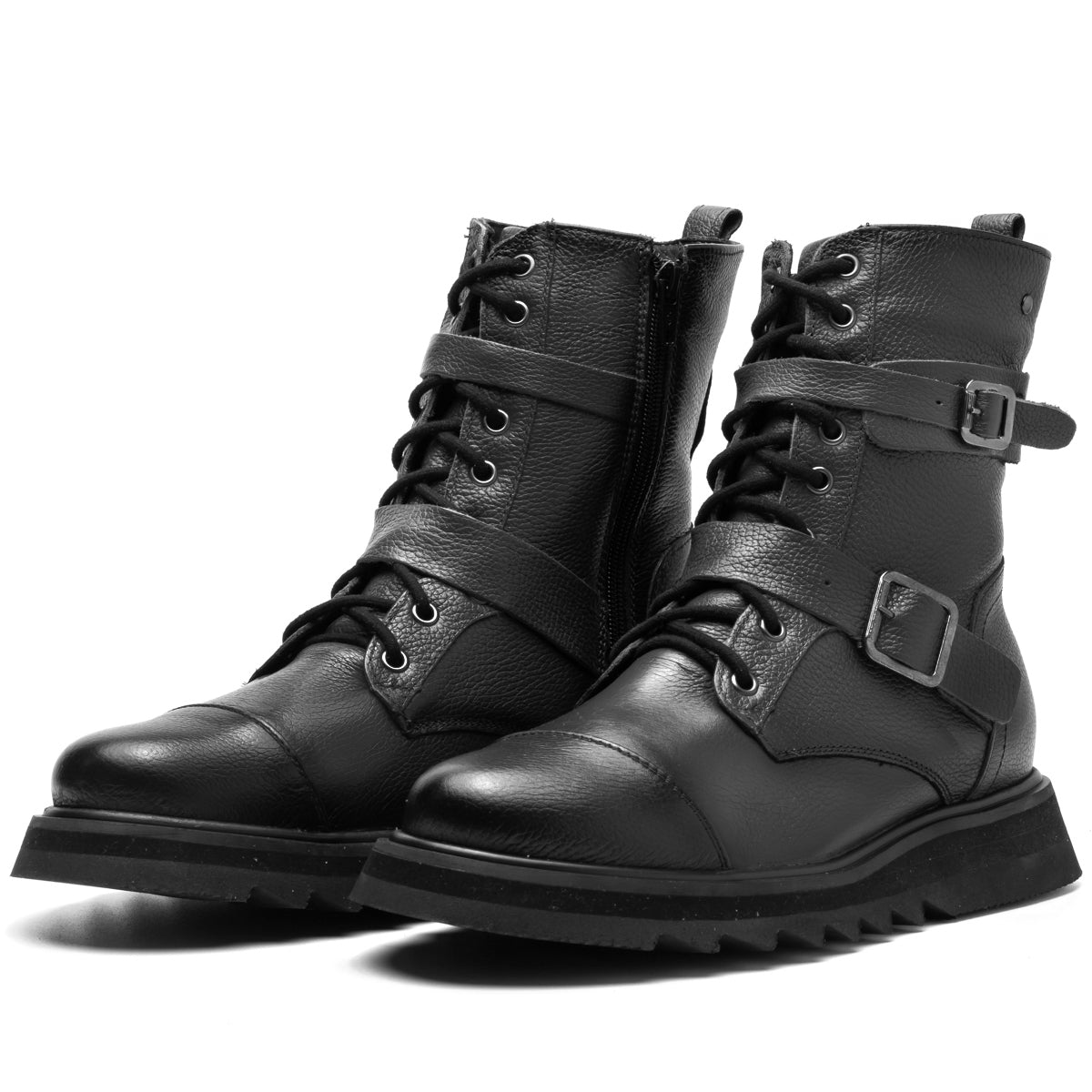 Black Iron Leather Buckle Combat Boots
