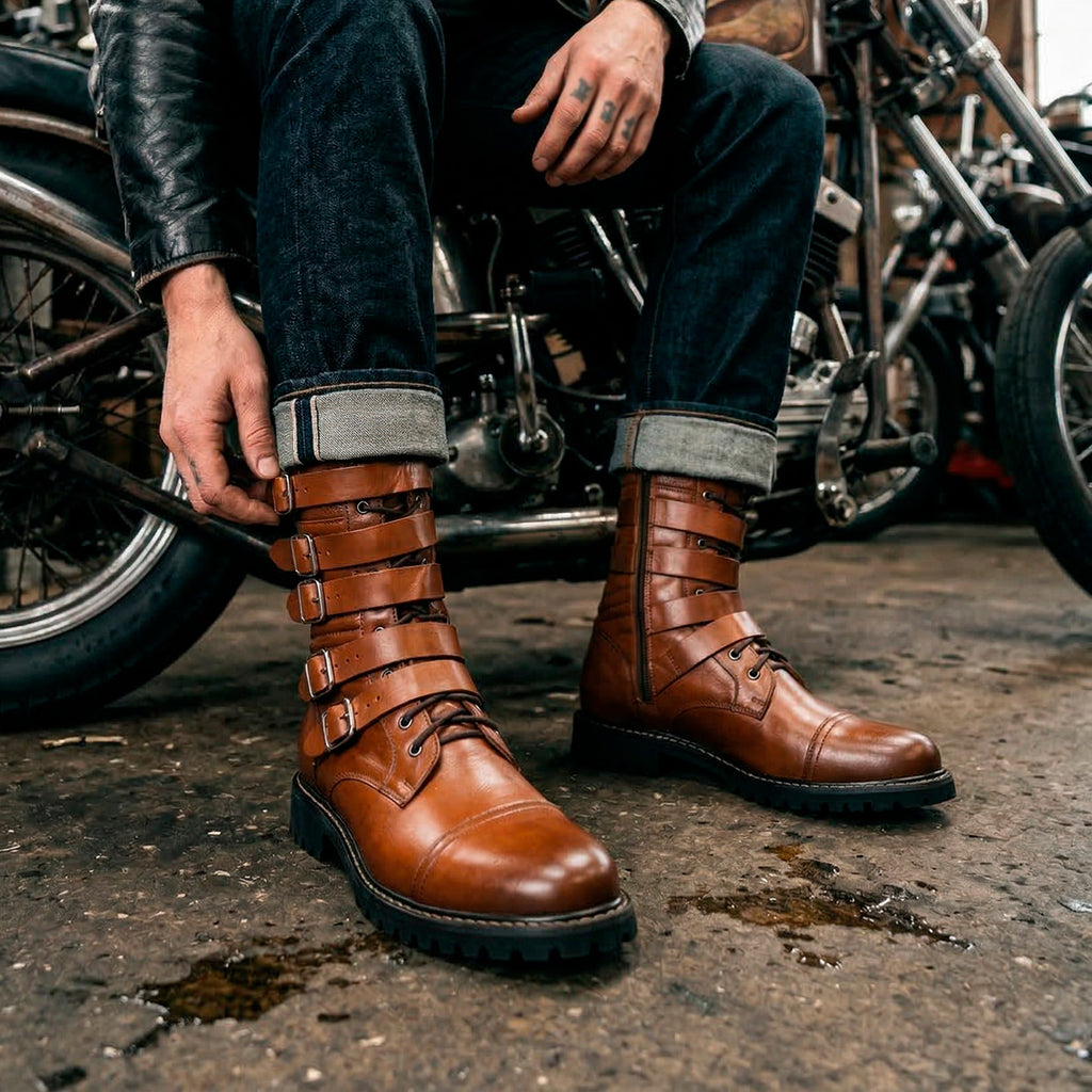 Cognac Corky Leather Buckle Boots