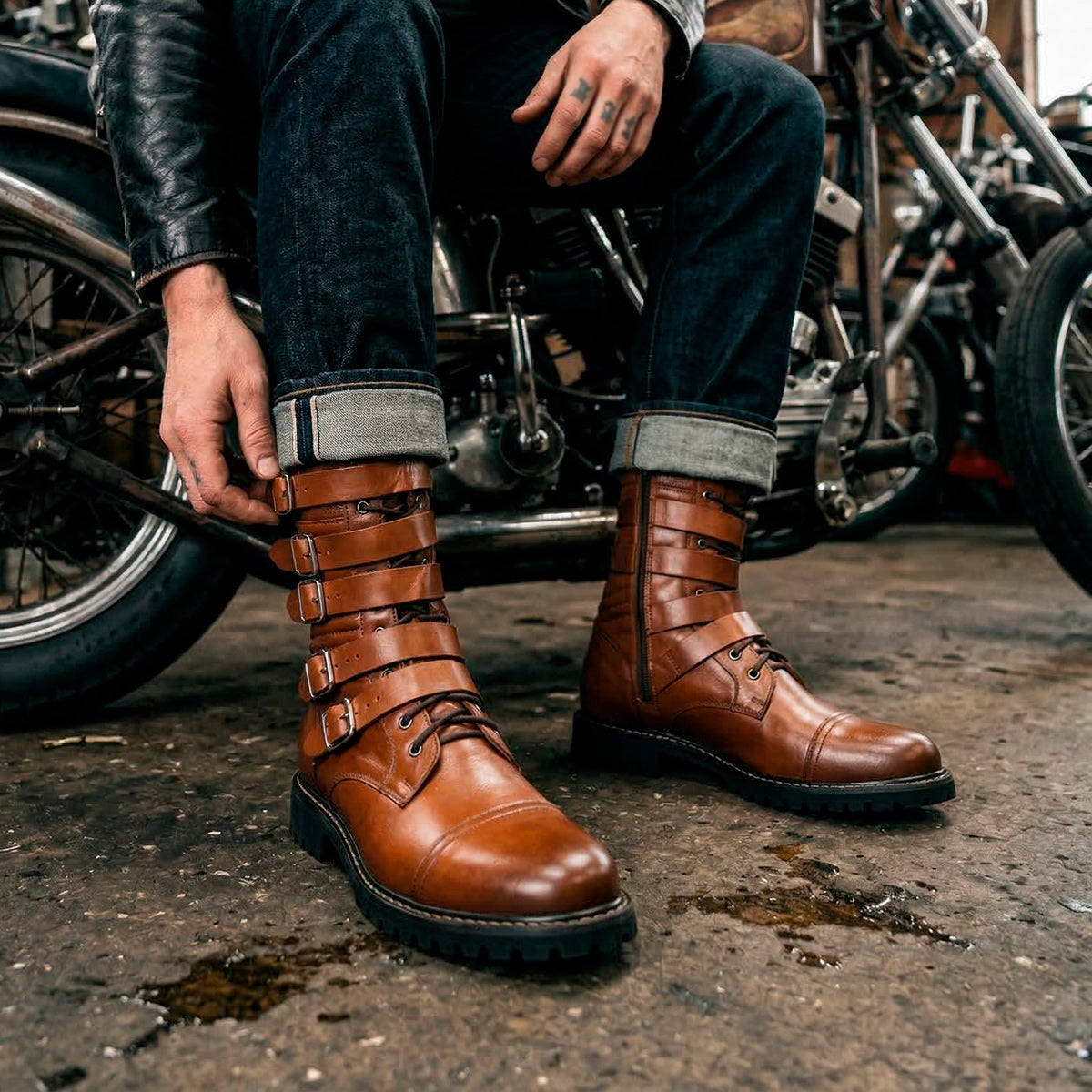Cognac Corky Leather Buckle Boots