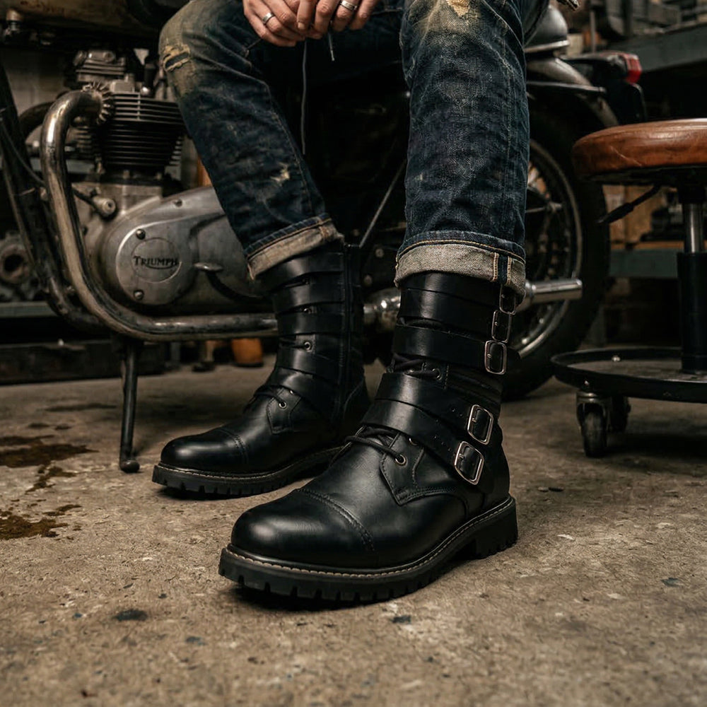 Black Corky Leather Buckle Boots