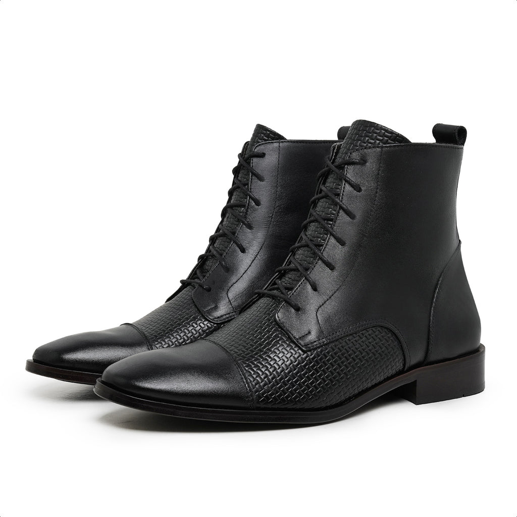 Black Marston Woven Leather Cap Toe Boots
