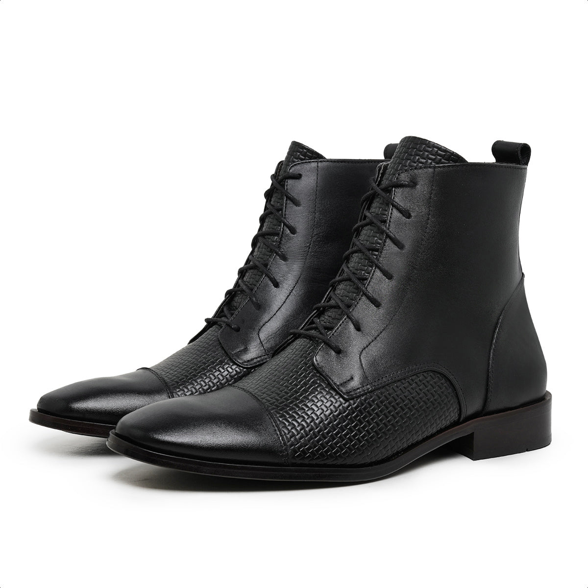 Black Marston Woven Leather Cap Toe Boots