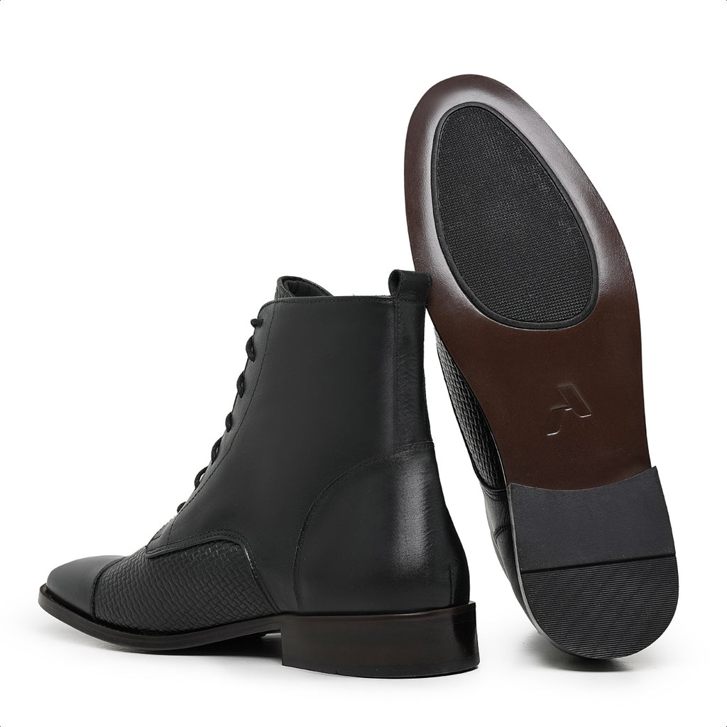 Black Marston Woven Leather Cap Toe Boots