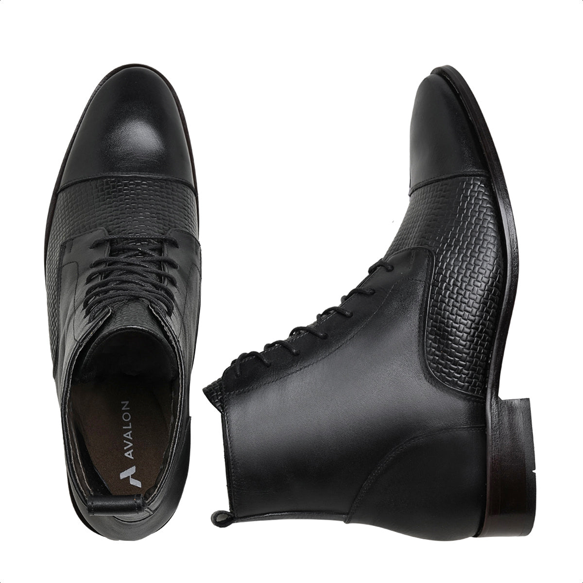 Black Marston Woven Leather Cap Toe Boots