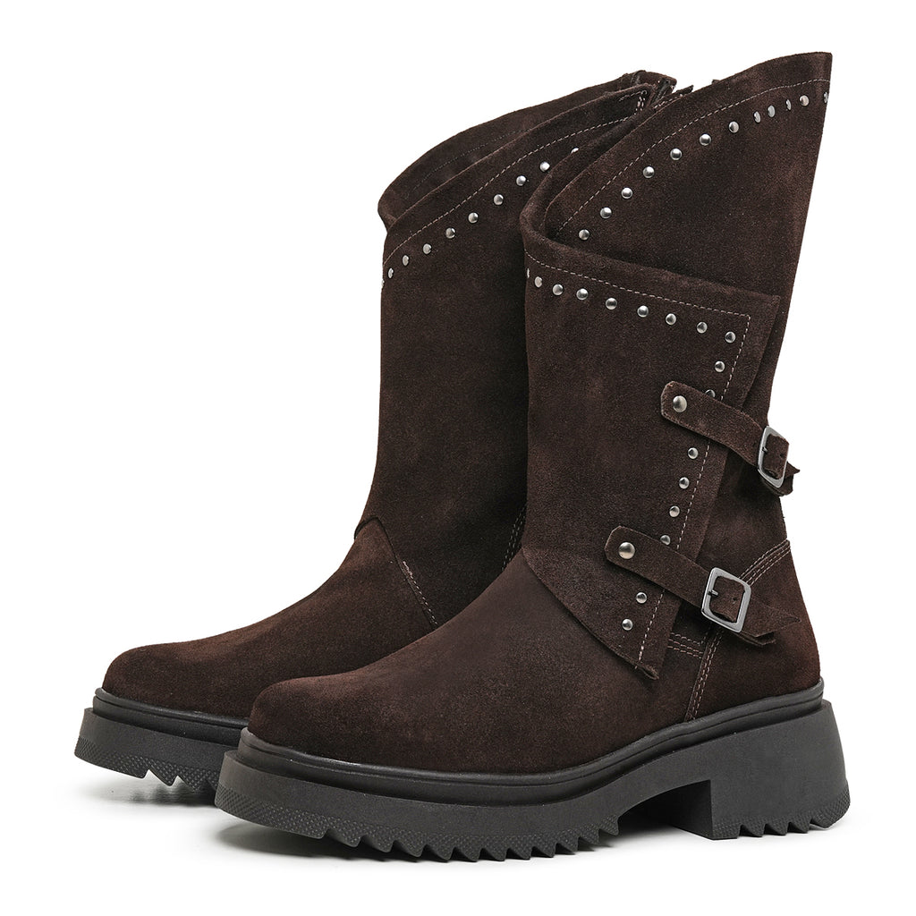 Espresso Juliette Studded Suede Biker Boots