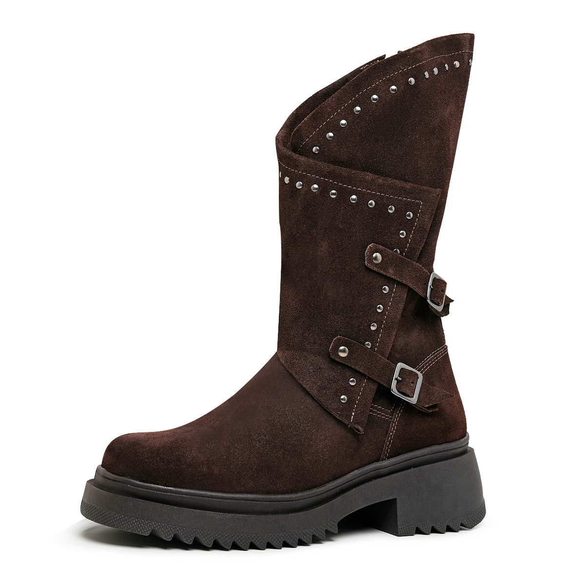 Espresso Juliette Studded Suede Biker Boots