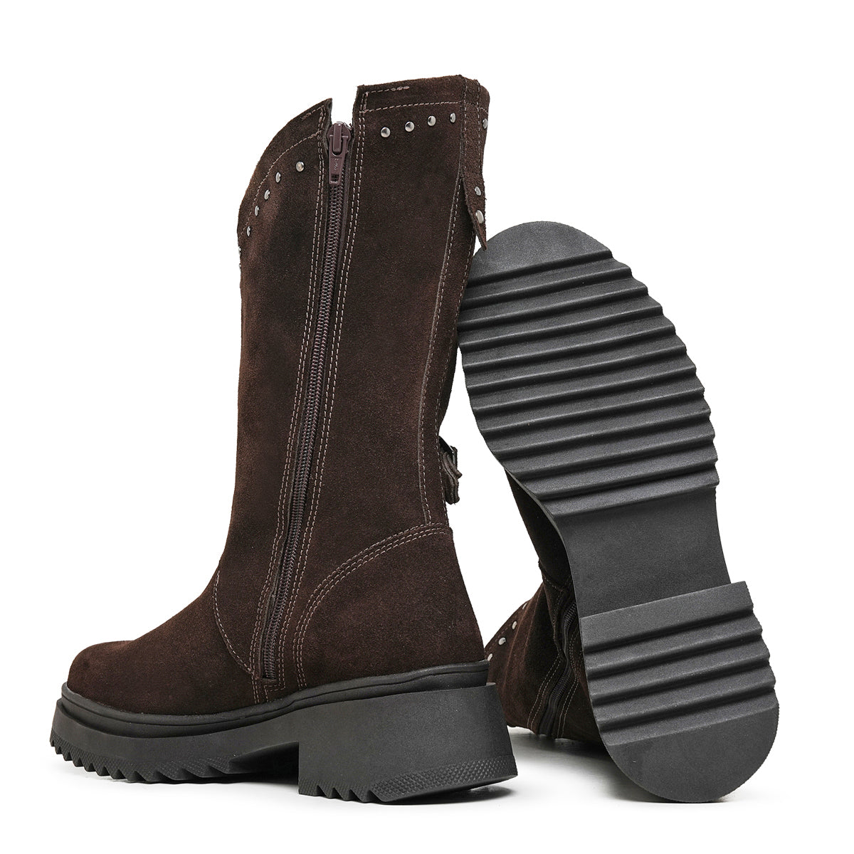 Espresso Juliette Studded Suede Biker Boots