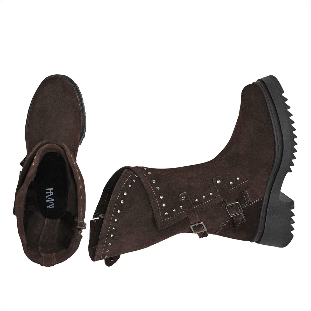 Espresso Juliette Studded Suede Biker Boots