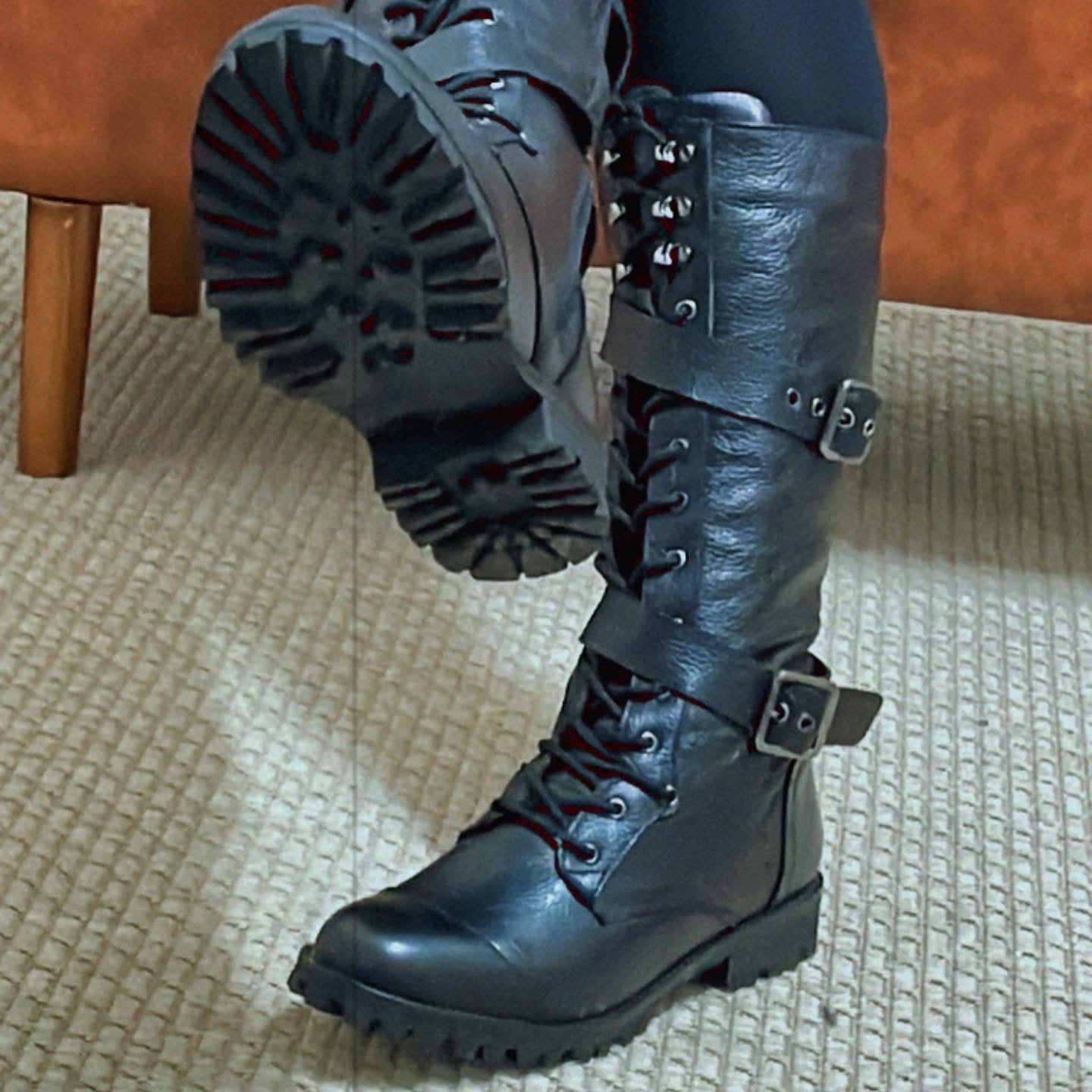 Black Megie Leather Lace-Up Knee High Boots