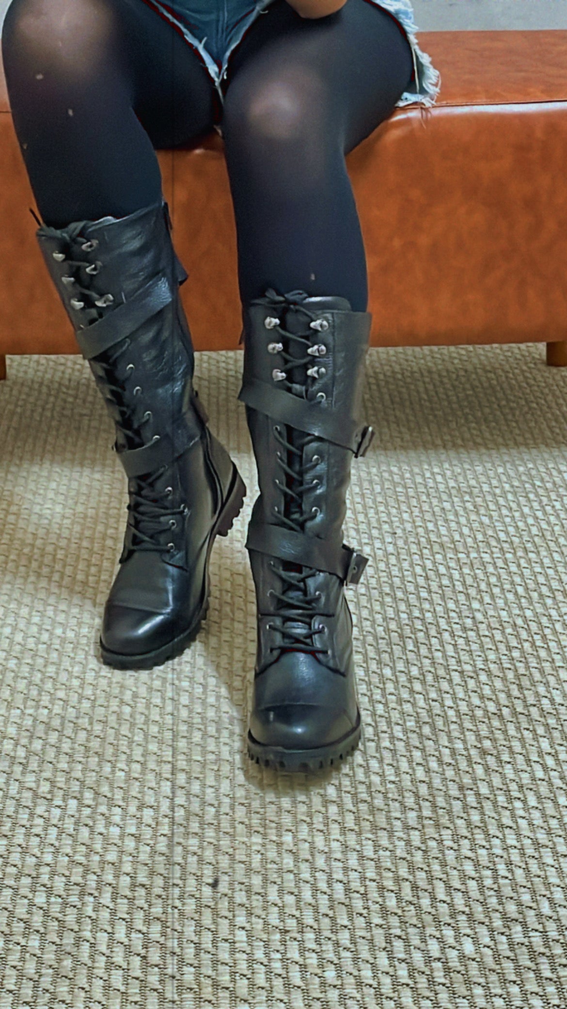 Black Megie Leather Lace-Up Knee High Boots