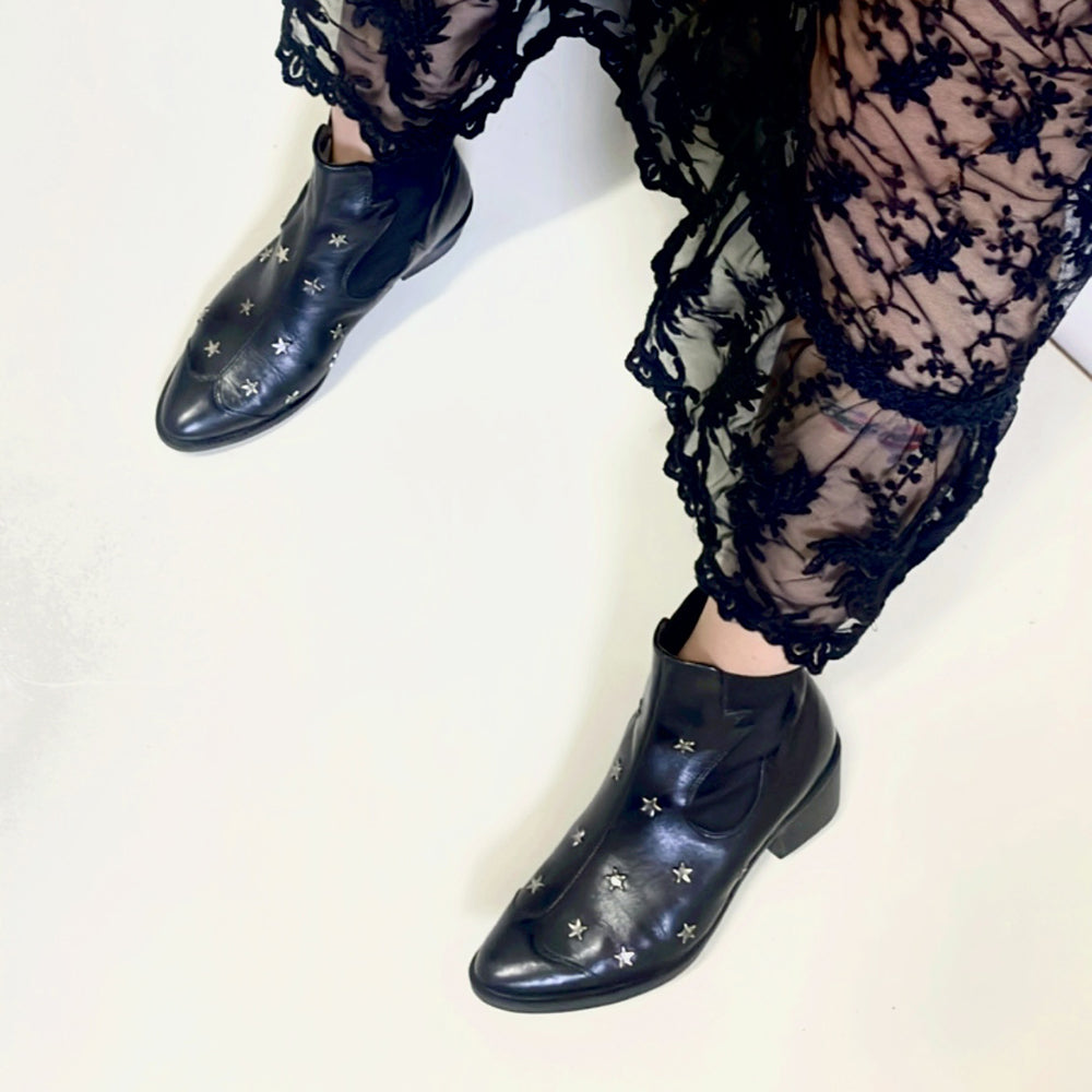 Black Star Studded Leather Western Boots