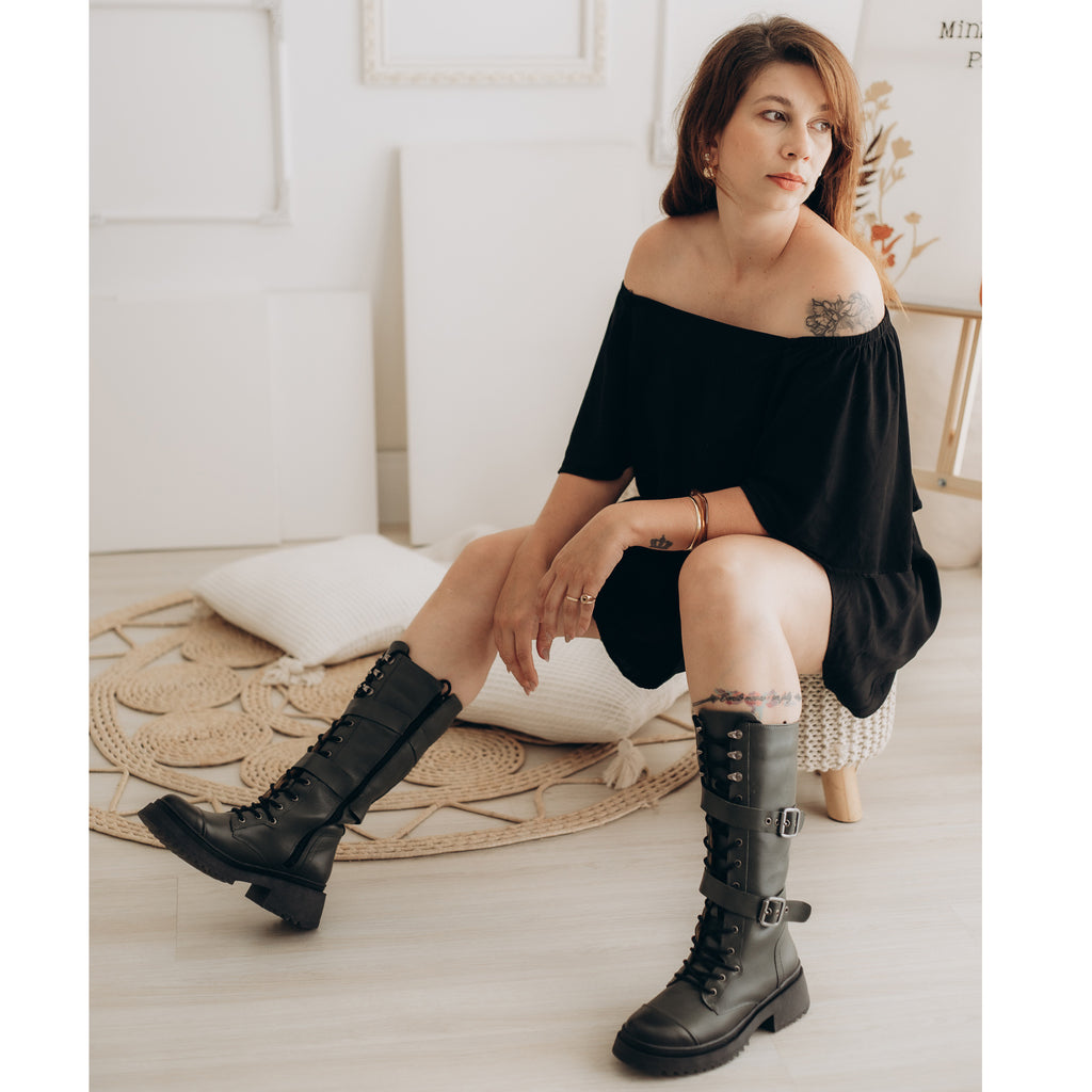 Olive Tracy Leather Tall Combat Boots