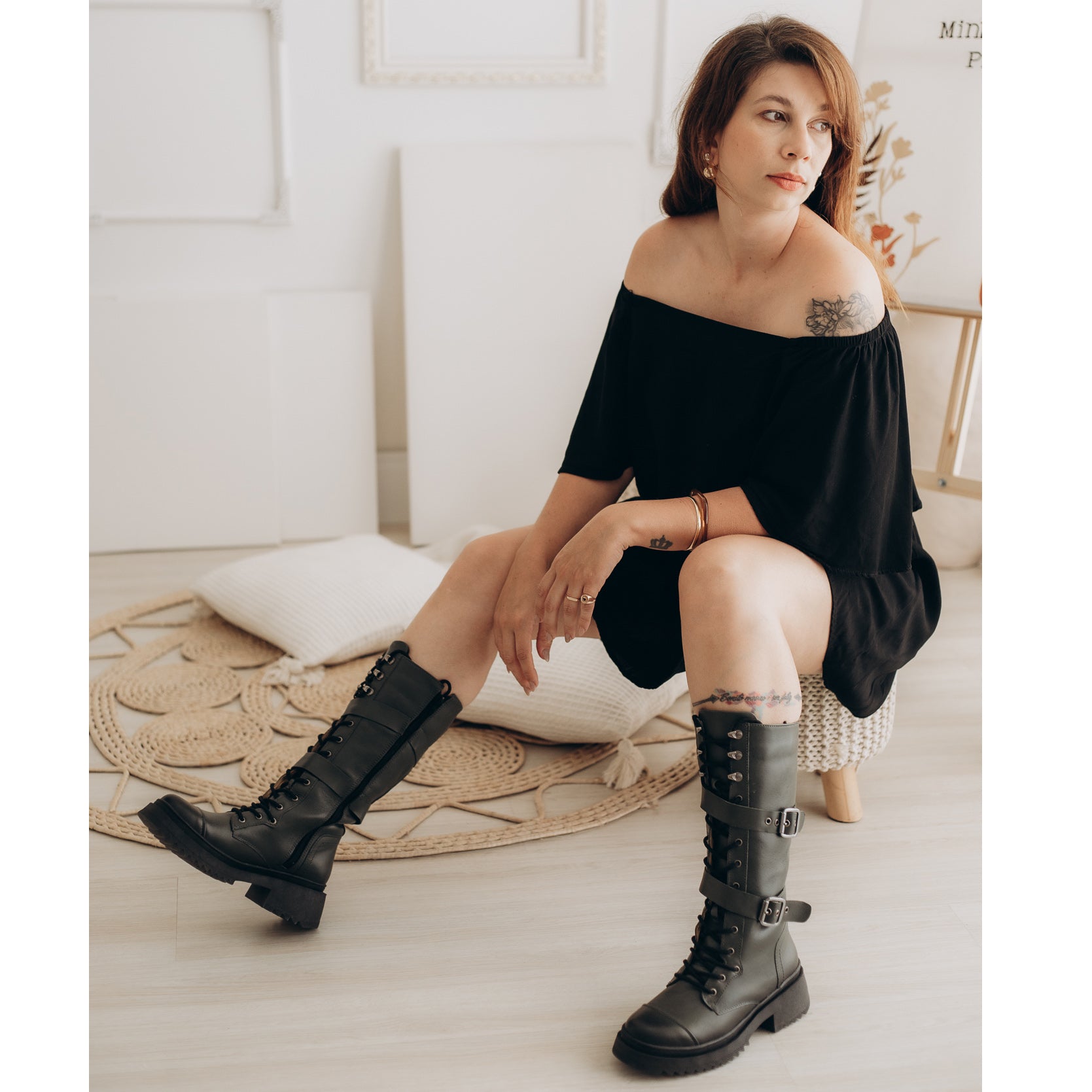 Olive Tracy Leather Tall Combat Boots