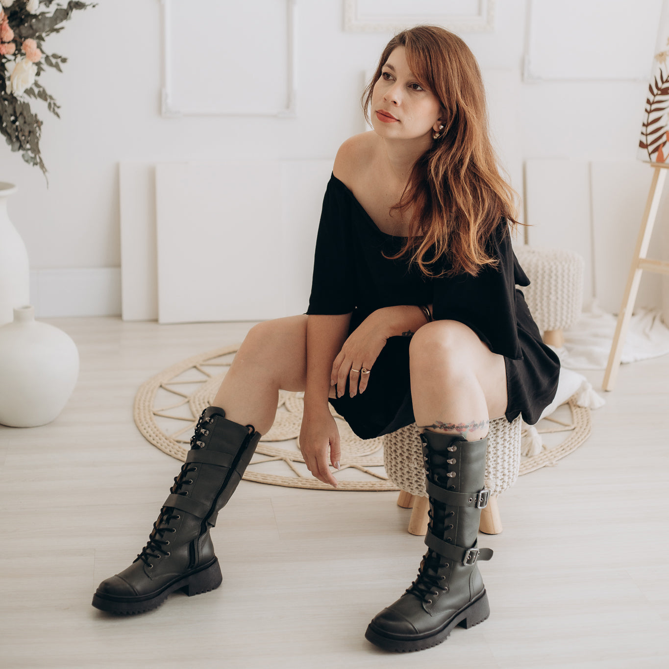 Olive Tracy Leather Tall Combat Boots