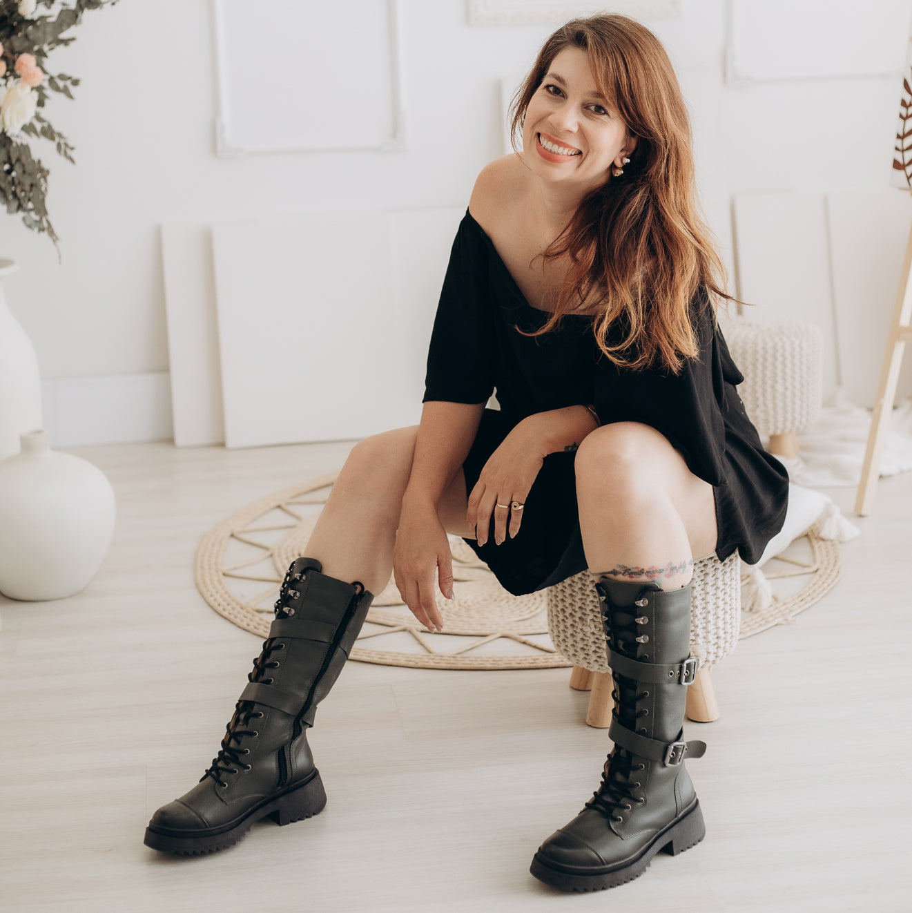 Olive Tracy Leather Tall Combat Boots