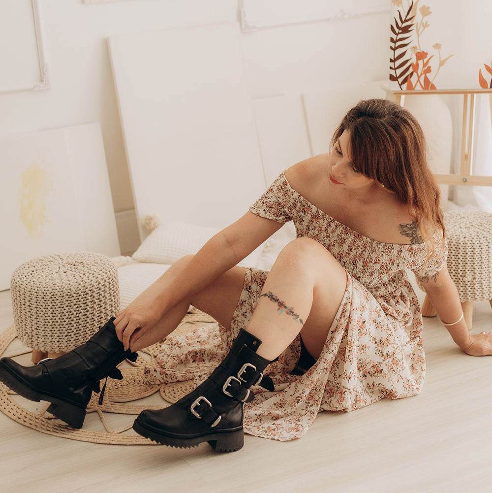 Black Lauren Buckle Leather Combat Boots