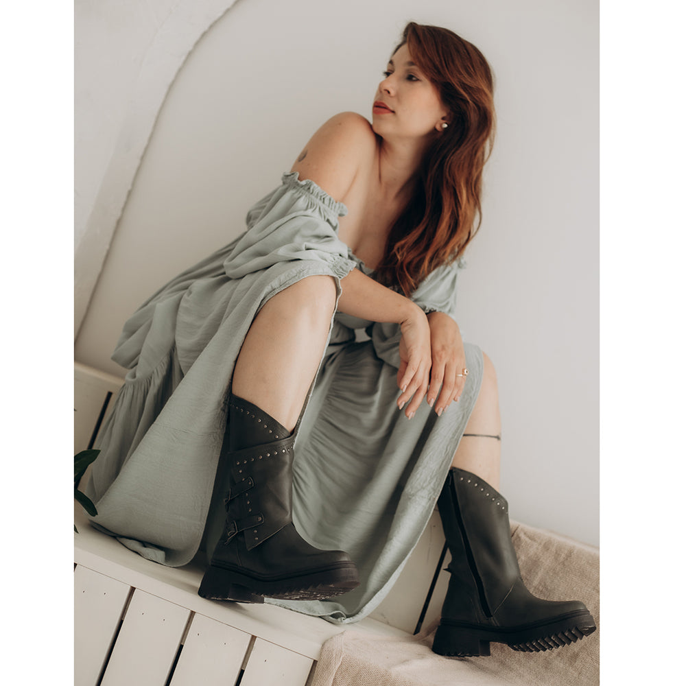 Olive Juliette Studded Leather Biker Boots