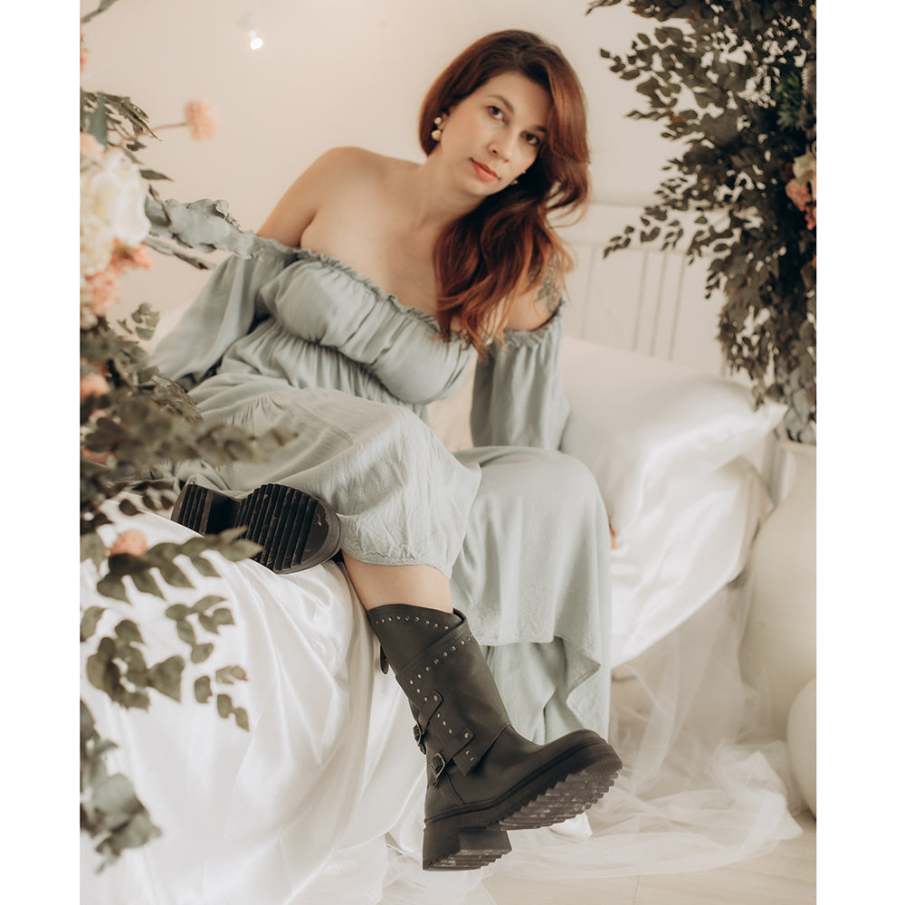 Olive Juliette Studded Leather Biker Boots