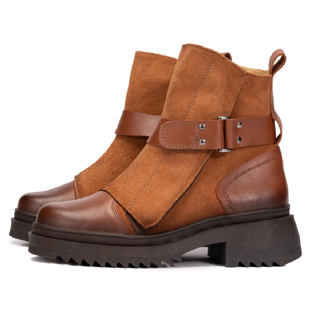 Cognac Ruby Leather and Suede Strap Boots