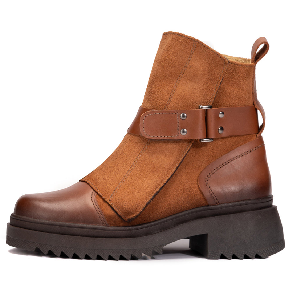 Cognac Ruby Leather and Suede Strap Boots