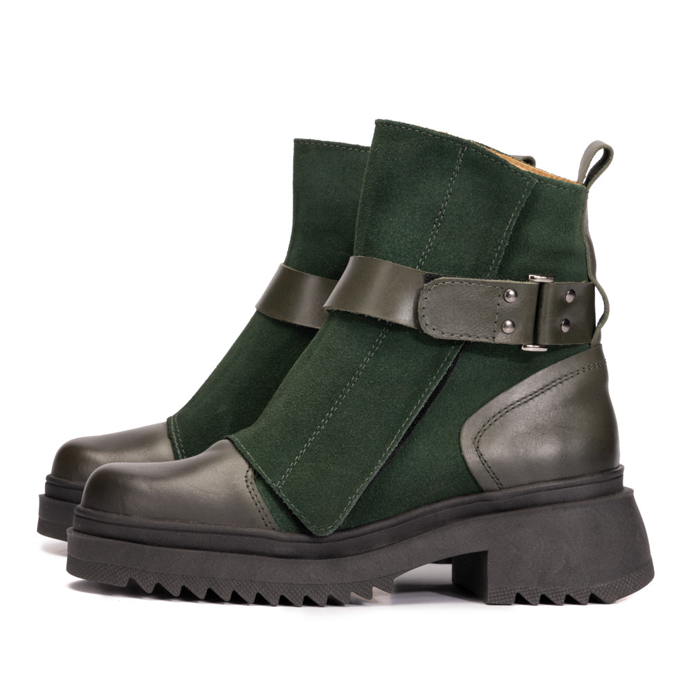 Forest Green Ruby Leather and Suede Strap Boots