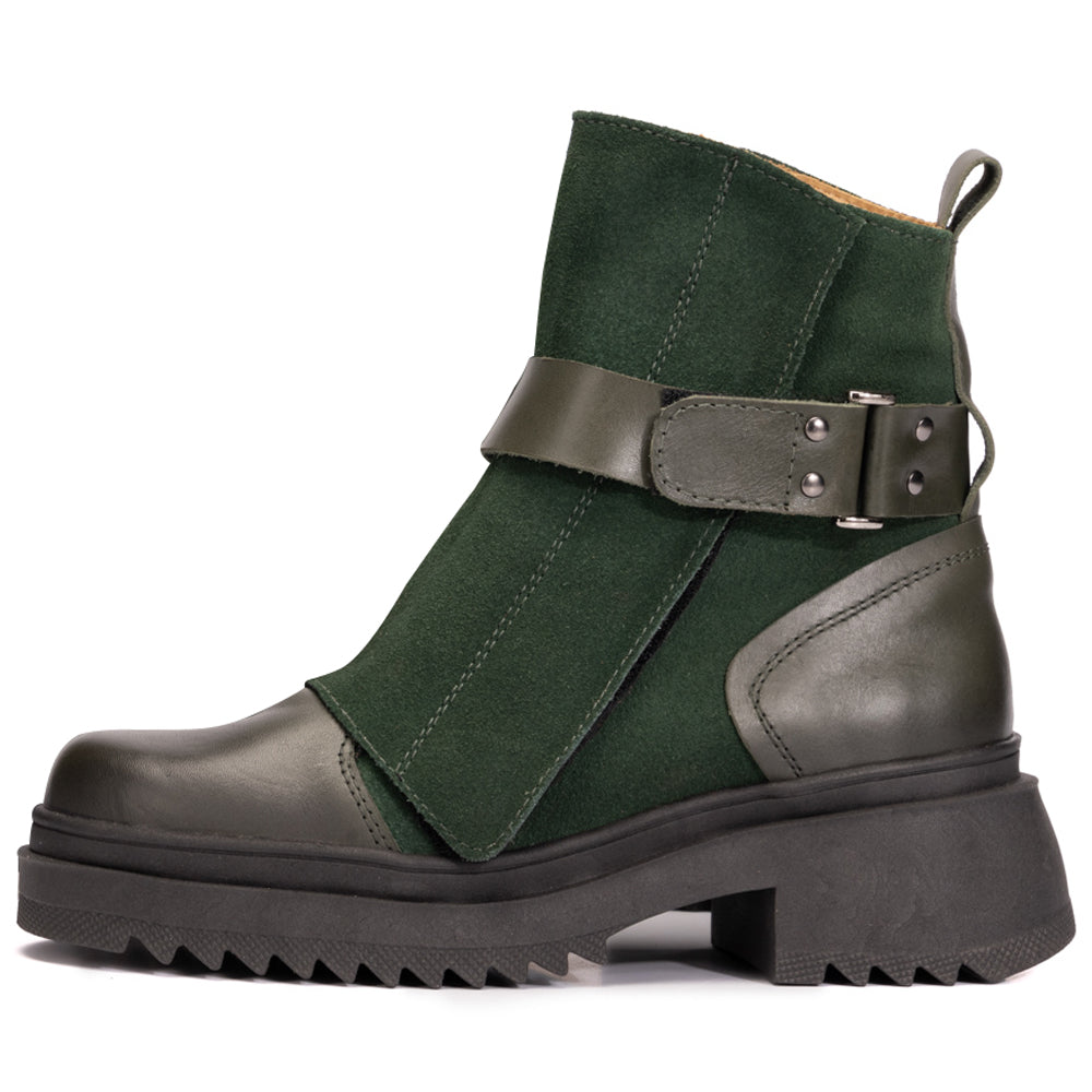Forest Green Ruby Leather and Suede Strap Boots
