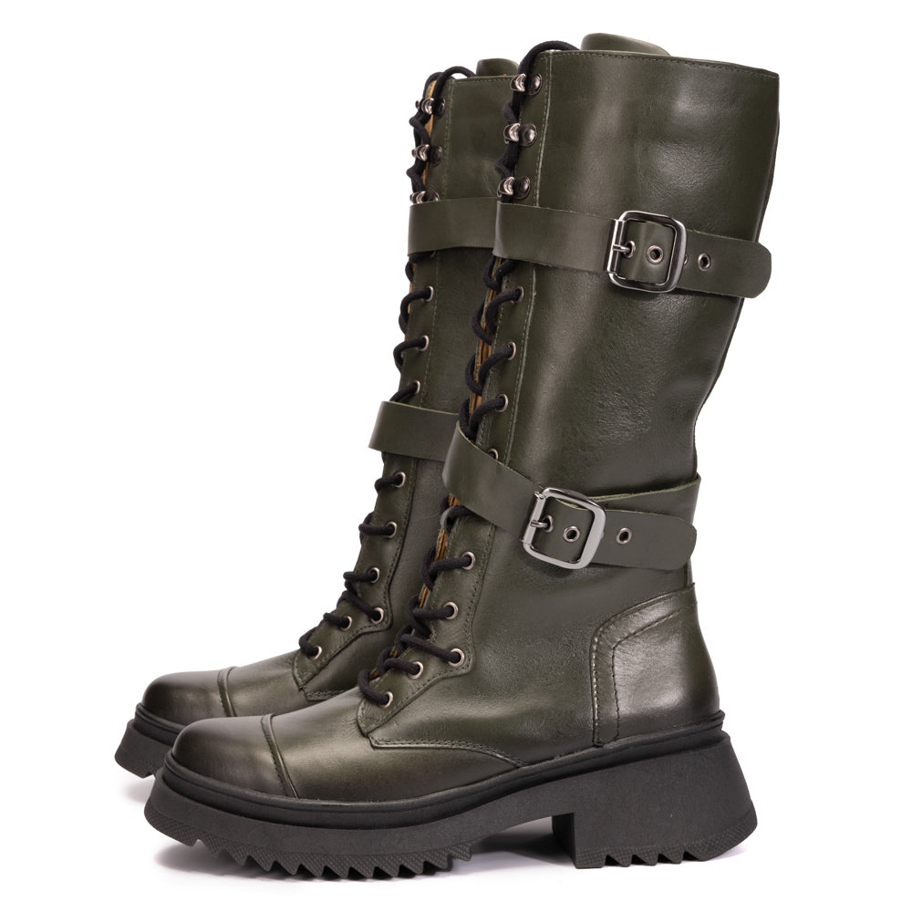 Olive Tracy Leather Tall Combat Boots