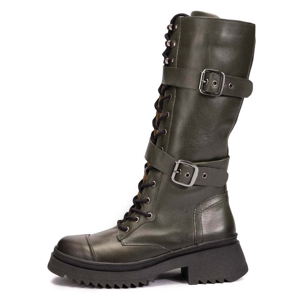 Olive Tracy Leather Tall Combat Boots