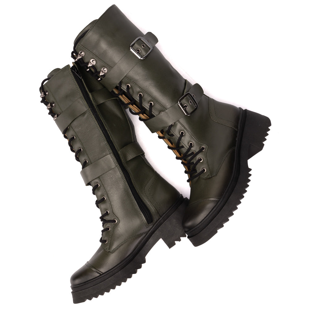 Olive Tracy Leather Tall Combat Boots