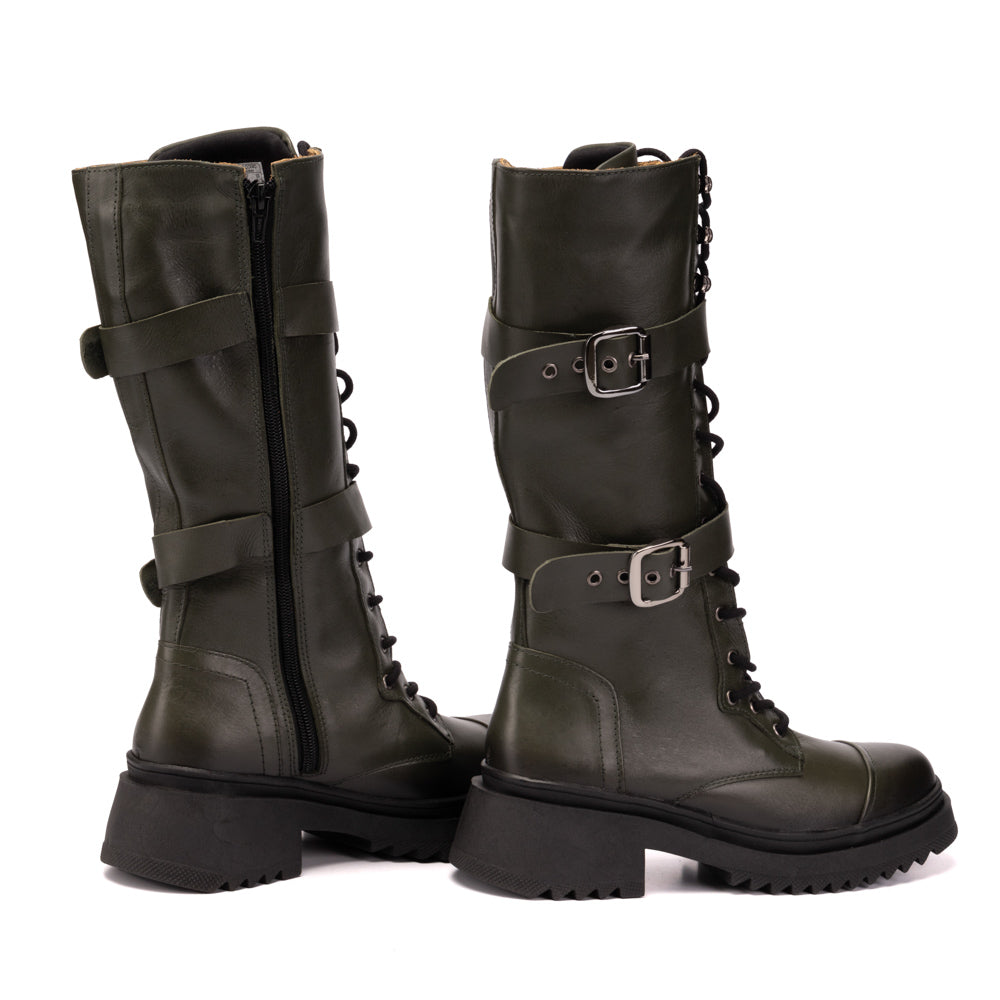 Olive Tracy Leather Tall Combat Boots