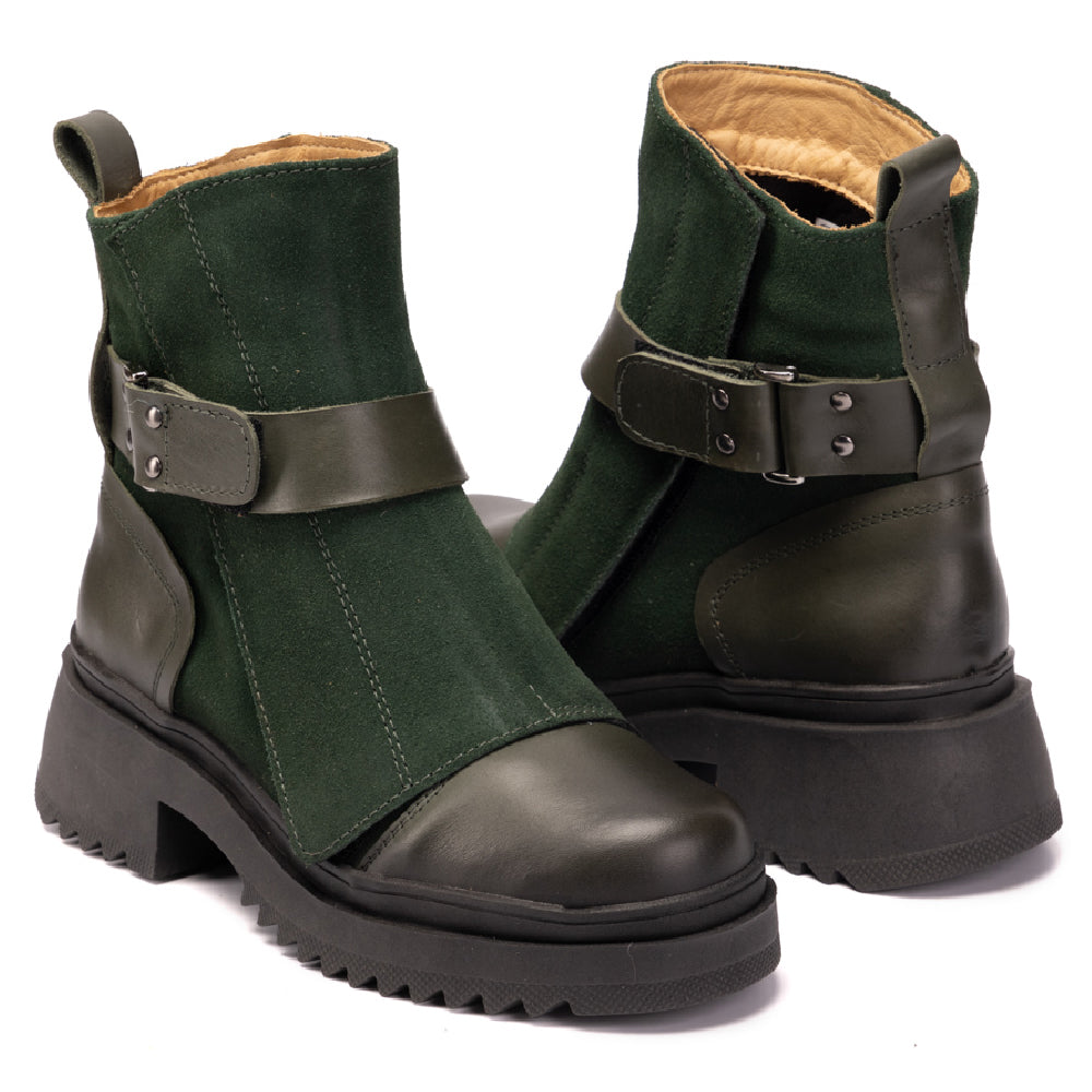 Forest Green Ruby Leather and Suede Strap Boots